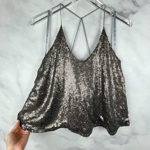 NWT She + Sky V-Neck A-Line Sequin Swing Tank Top “Barely There” Straps Boho M